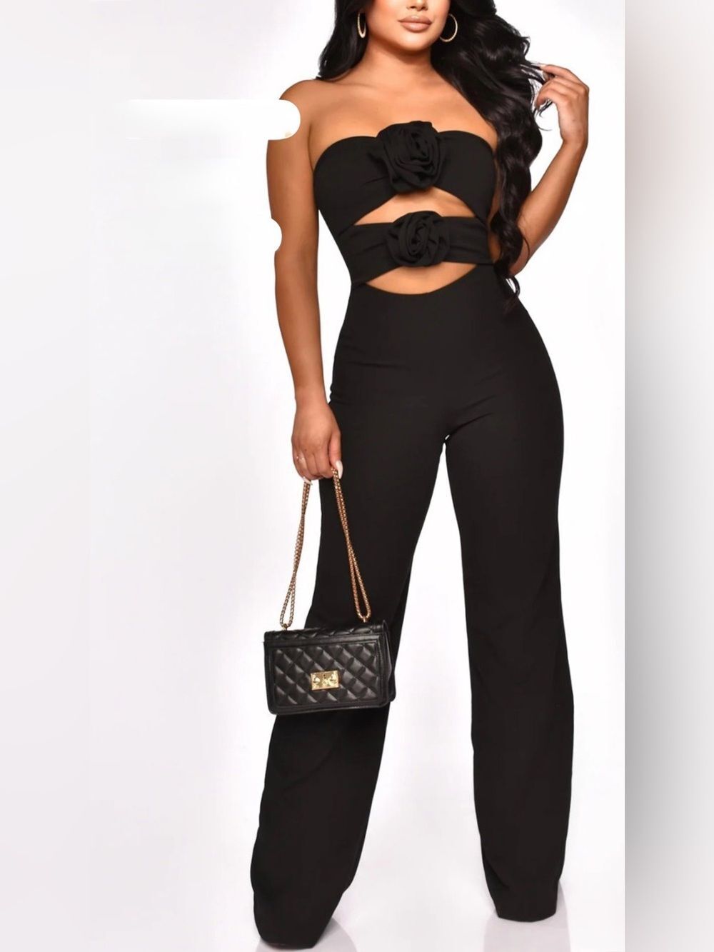 Strapless Black Wide-Leg Cutout Jumpsuit with Floral Accents